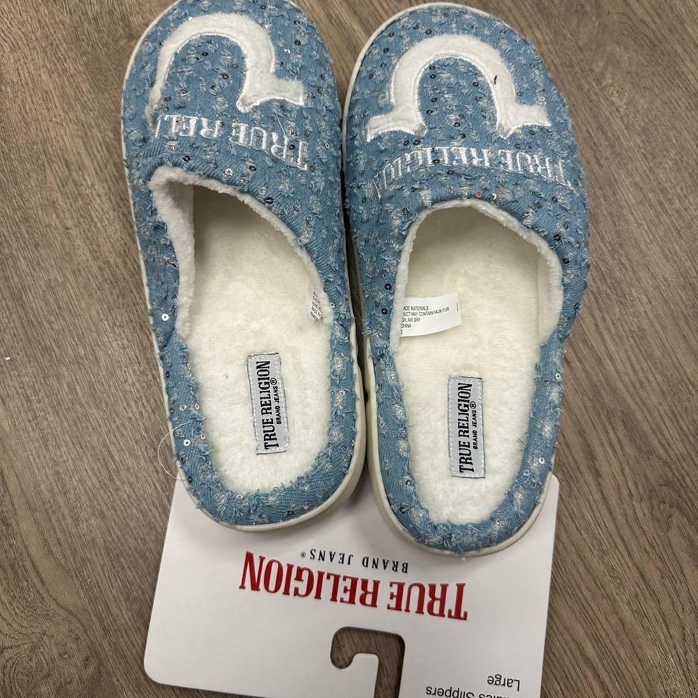 New True Religion Blue Sequin Women's Slippers - Picture 2 of 5